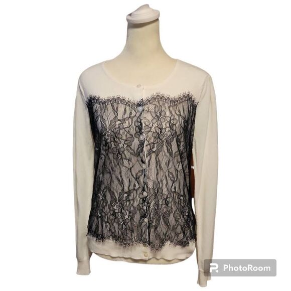 New York & Company Women's White Button Up Sweater with Black Lace Size Medium - Picture 1 of 6